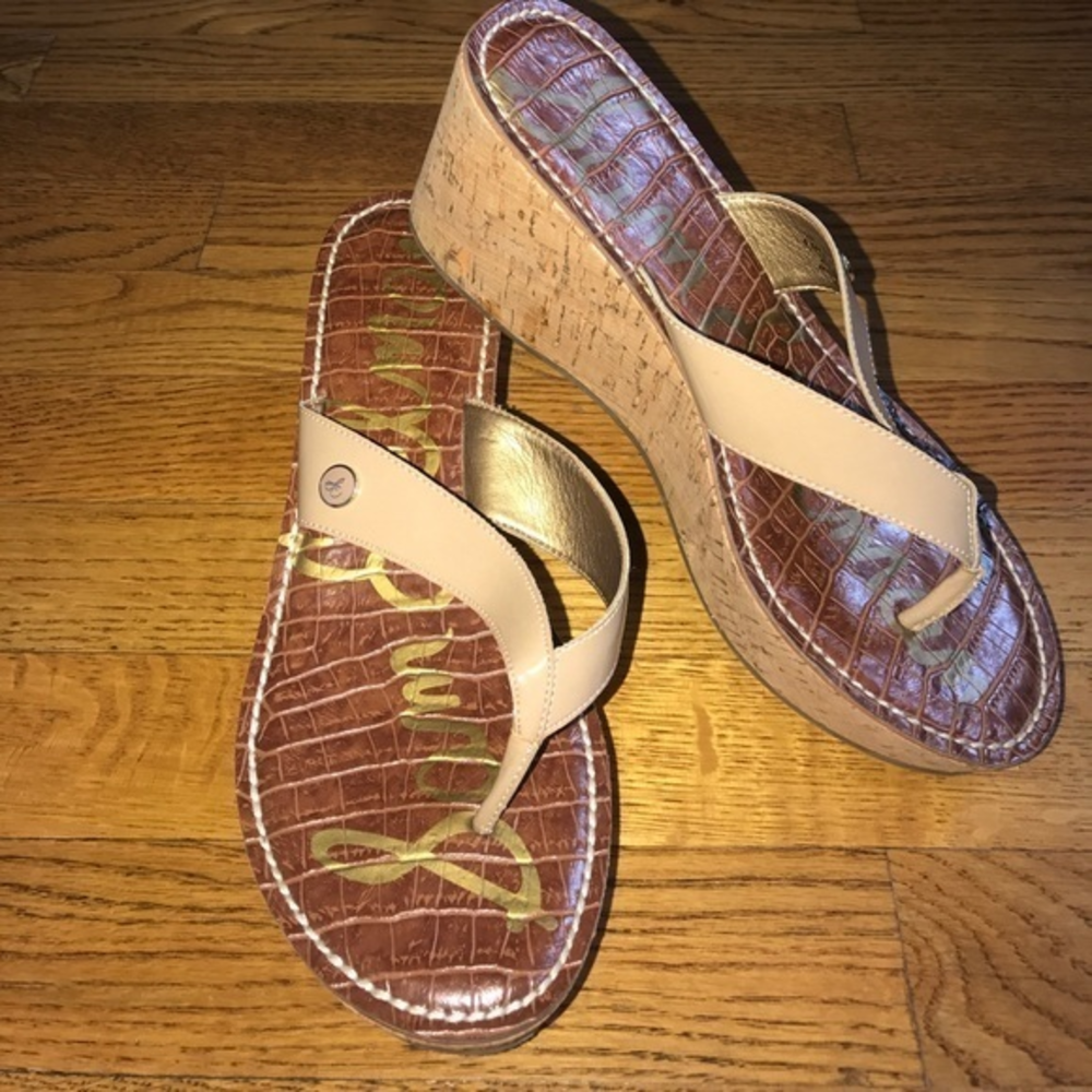 Sam Edelman nude patent leather‎ cork wedge sz 8.5